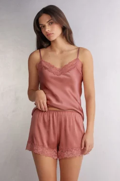Bas de pyjama short en soie avec dentelle