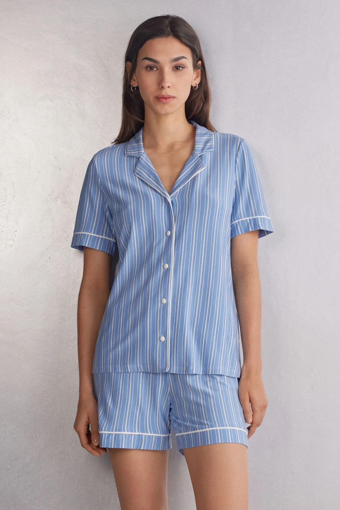 Haut de pyjama manches courtes en modal ouvert devant Oxford à rayures