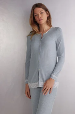 Haut de pyjama ouvert devant en modal et dentelle