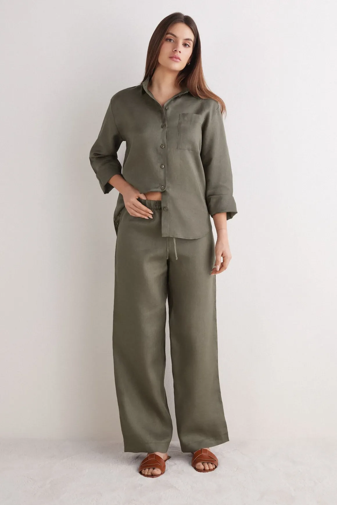 Pantalon long avec cordon de serrage en toile de lin