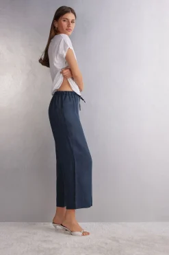 Pantalon long avec cordon de serrage en toile de lin