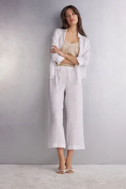 Pantalon long avec cordon de serrage en toile de lin