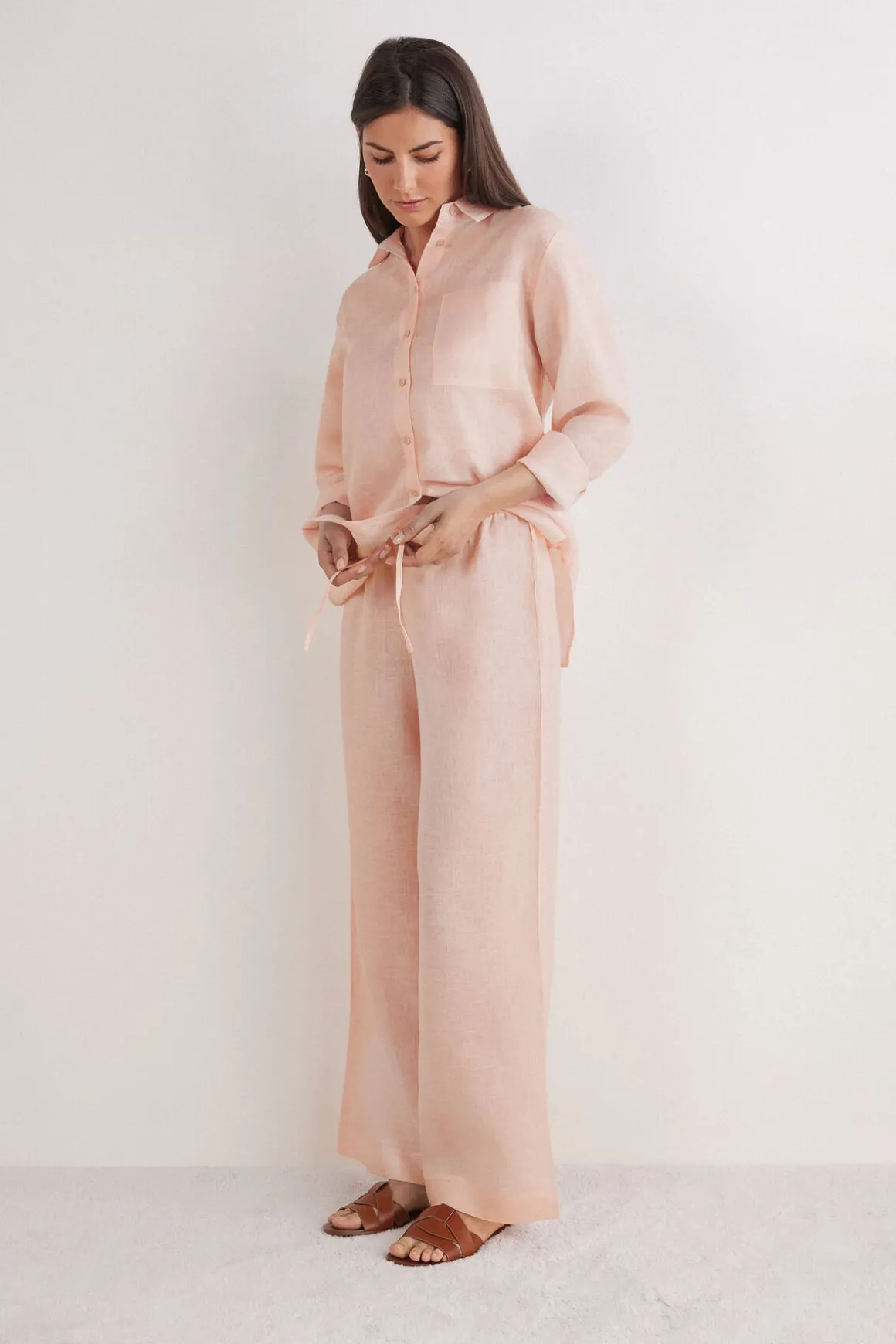 Pantalon long avec cordon de serrage en toile de lin