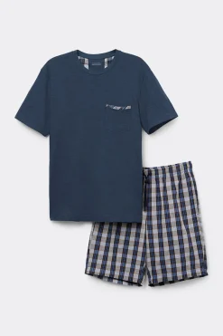 Pyjama court en coton et toile à carreaux denim