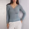 T-shirt manches longues en cachemire et dentelle