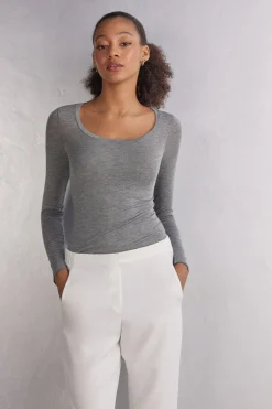 T-shirt manches longues en modal ultralight avec cachemire encolure arrondie large