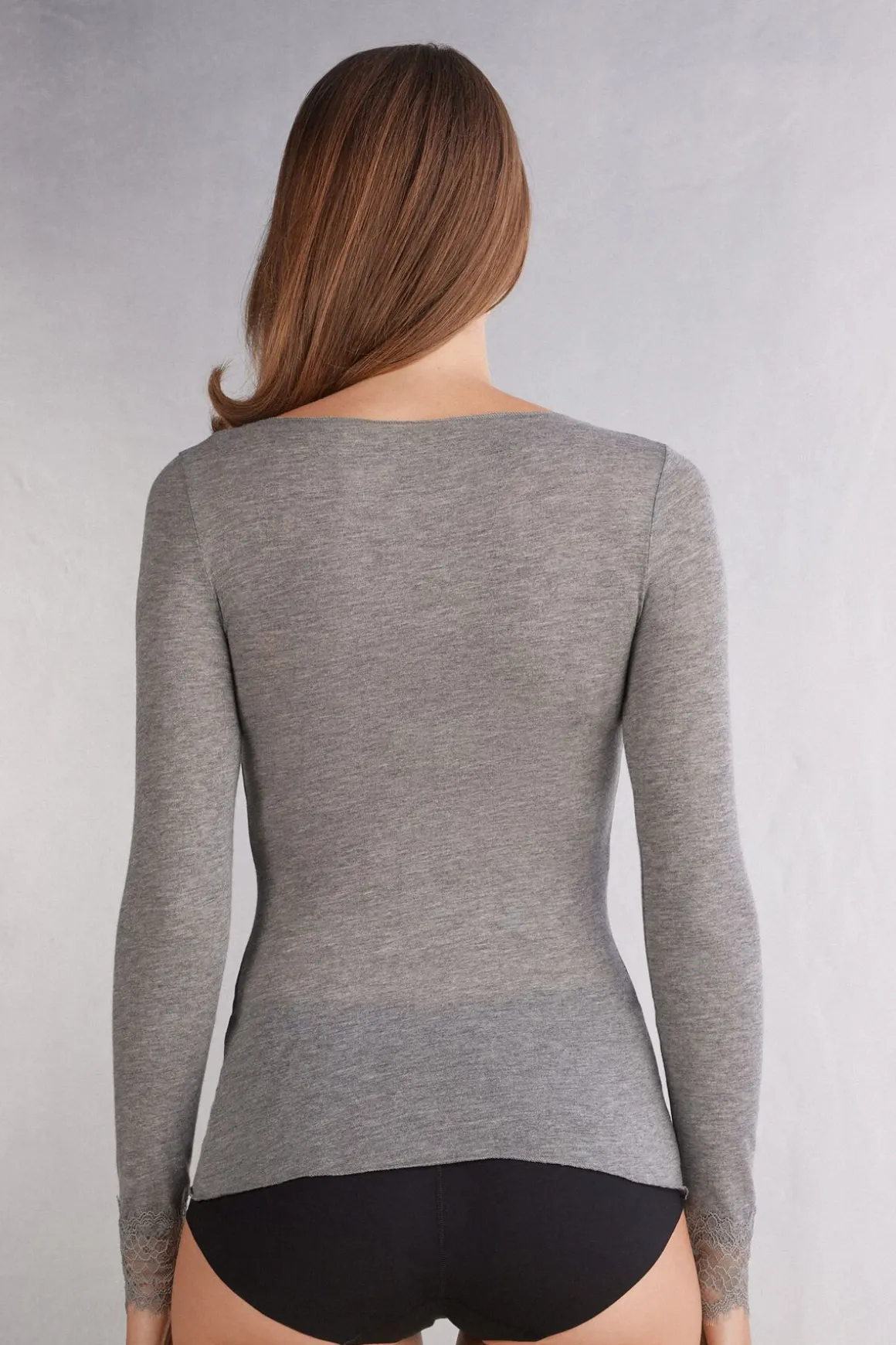 T-shirt manches longues en cachemire et dentelle