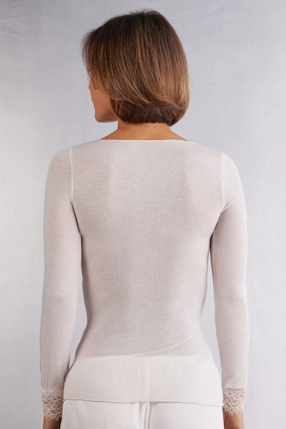 T-shirt manches longues en cachemire et dentelle