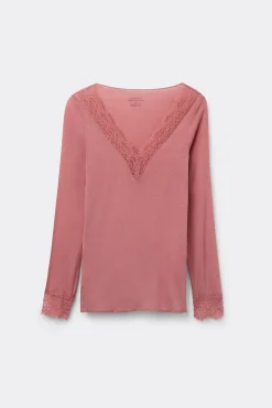 T-shirt manches longues en cachemire et dentelle