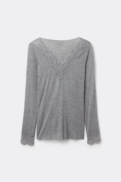 T-shirt manches longues en cachemire et dentelle
