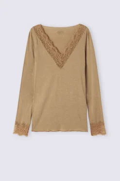 T-shirt manches longues en cachemire et dentelle
