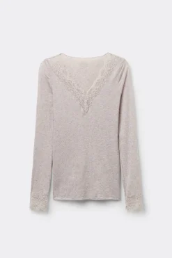 T-shirt manches longues en cachemire et dentelle